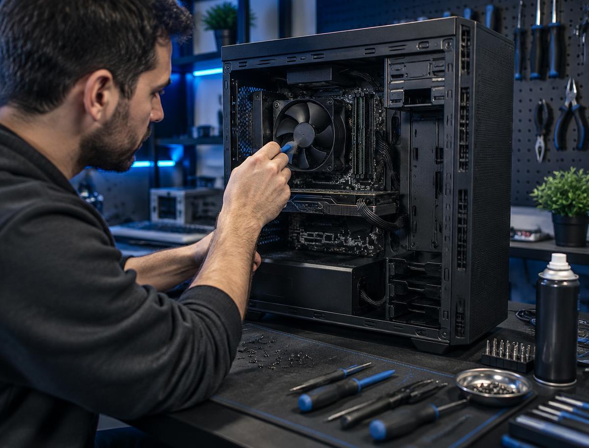 Exemplo ilustrativo de computador sendo desmontado e limpo